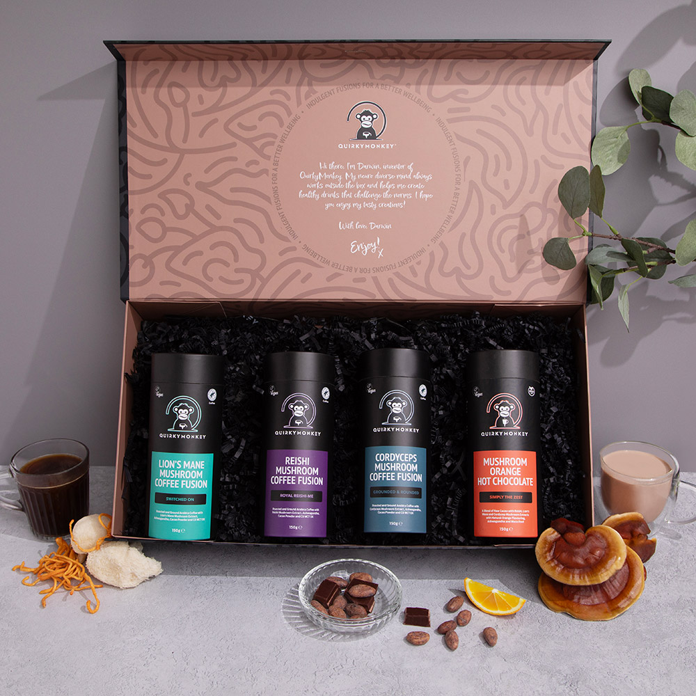 Quirky Monkey mushroom coffee packaging design — full range by Slate