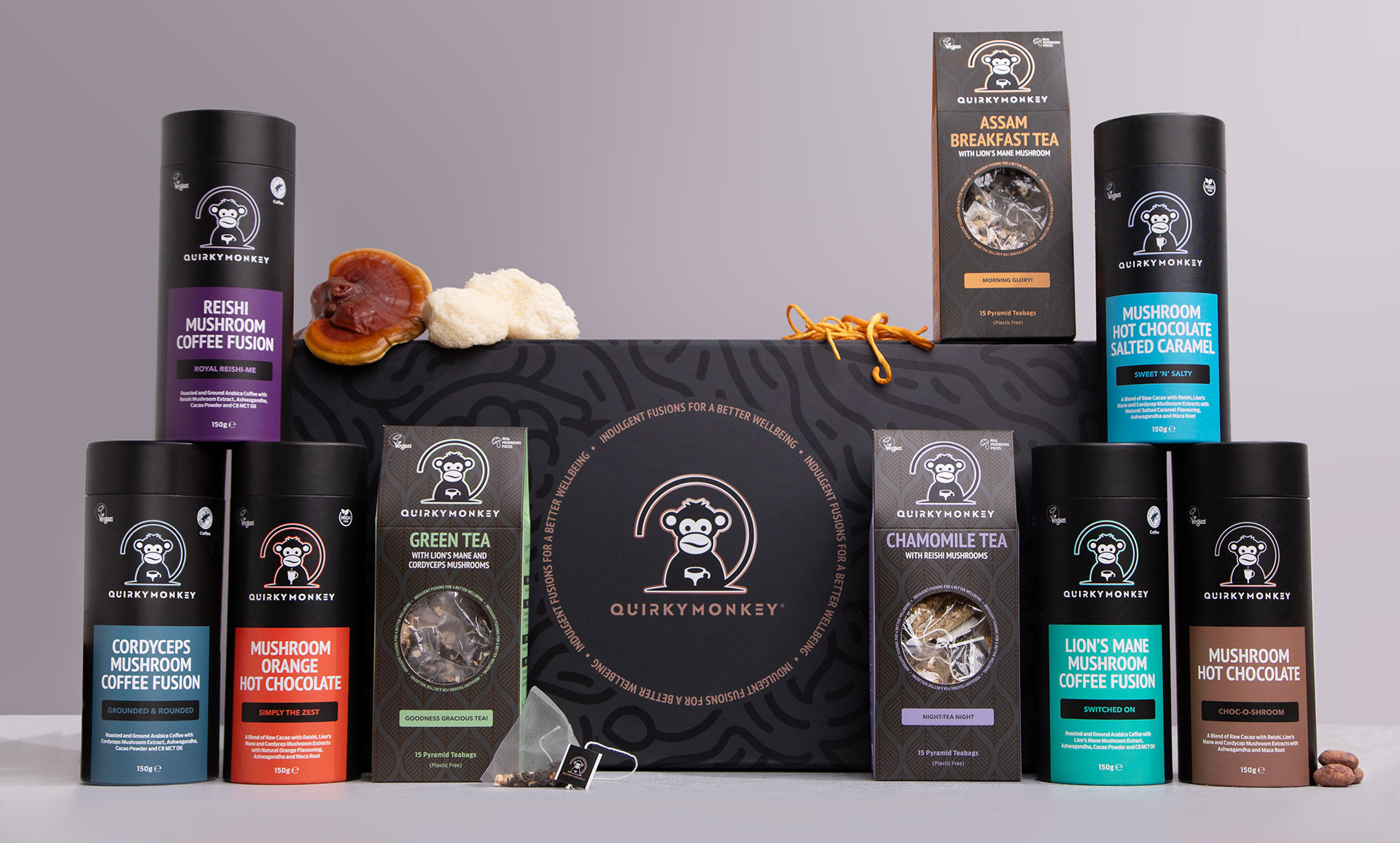 Quirky Monkey mushroom coffee brand identity and packaging design by Slate