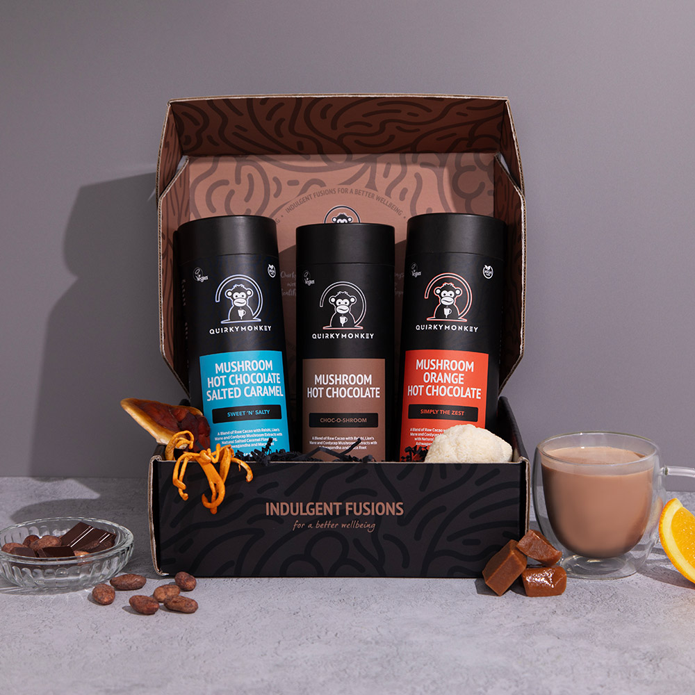 Quirky Monkey mushroom hot chocolate packaging design — full range by Slate