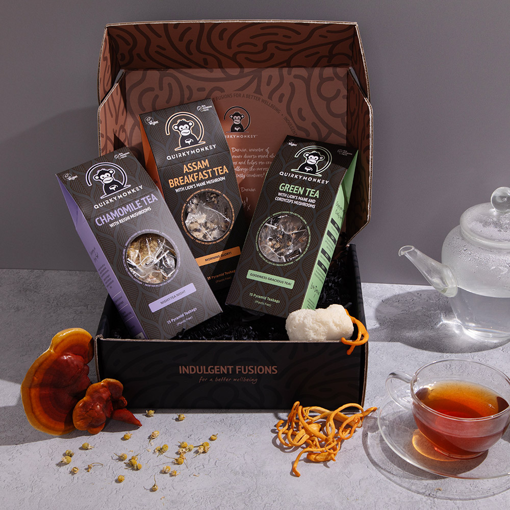 Quirky Monkey mushroom tea packaging design — full range by Slate